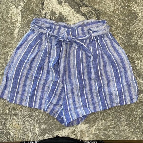 Womens Linen Blend Striped High Rise Tie Waist Casual Shorts Blue White Size 6 - Picture 1 of 7